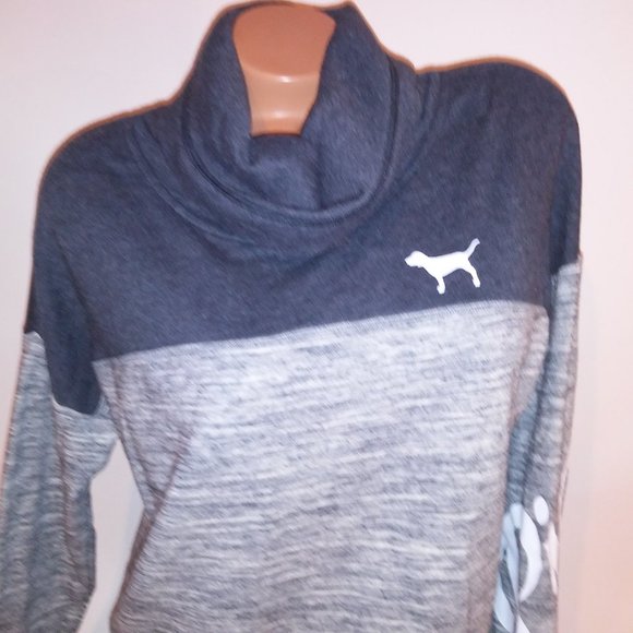 Victoria Secret PINK Sweater Small Cowl Neck Gray Logo Marl Bust 23" Length 23" - Picture 3 of 7
